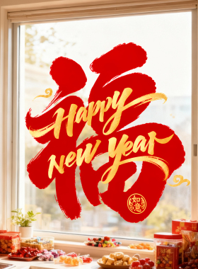 新年装饰品窗花福字吉祥如意商场门店橱窗玻璃门过年布置静电贴纸