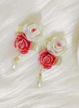 2023 French Light Vintage Green Ceramic Rose Pearl Dangle