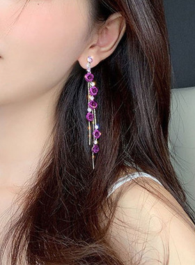 Korean Fashion Cat Rose Flower Tassel Drop Earrings For