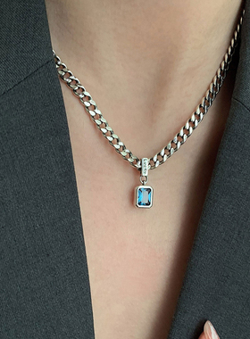 New 925 Sterling Silver Square Blue Zirconia Necklace Cuban