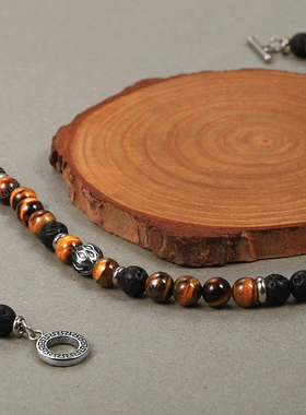 8mm Natural Stone Tiger Eyes Lava Bead Necklace Stainless