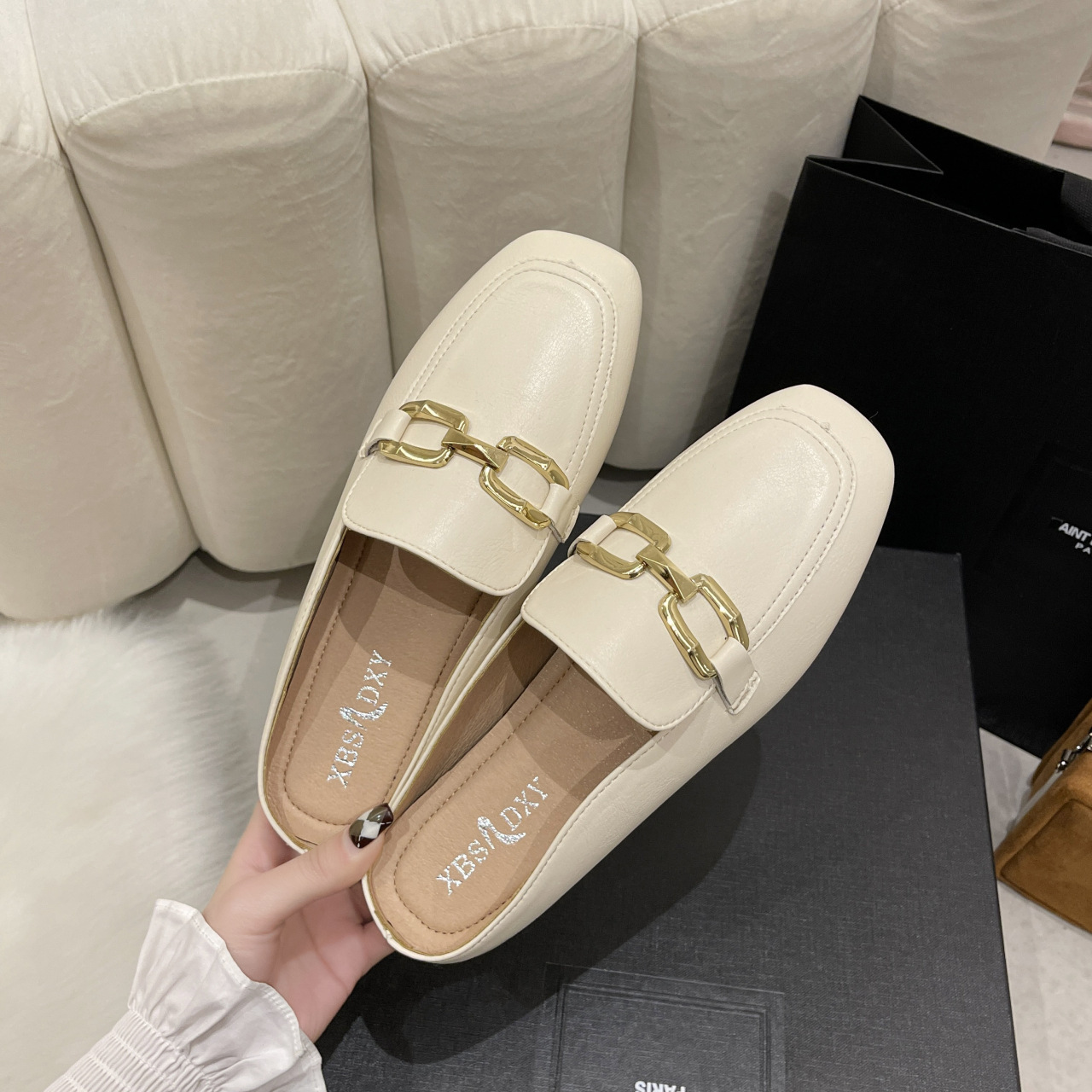 拖鞋女外穿2023新款平底單鞋女韓版時尚百搭懶人軟皮包頭半拖女鞋_黑覓旗艦店_女鞋