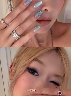 小清新冰川蓝玻璃珠猫眼波点显白轻奢纯手工穿戴甲绝美美甲贴片