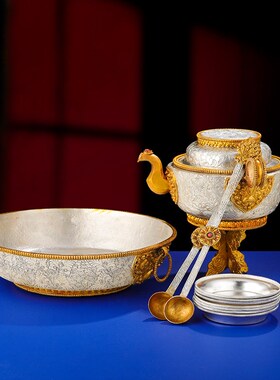 快速发货尼泊尔供具水陆供全套z铜鎏金银手工供盘七供水碗水财神