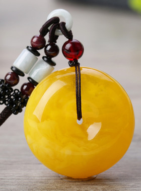 民族风复古琥珀水滴项链长款鸡油黄蜜蜡平安扣吊坠男女配饰毛衣链