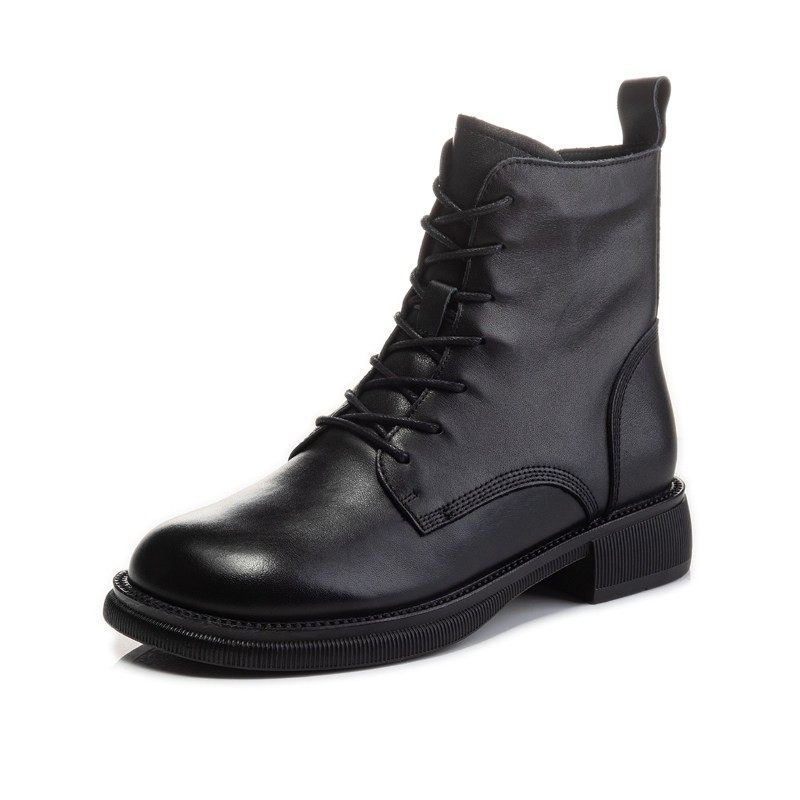 女式天鹅绒英伦风格大尺寸真皮短靴2025秋冬新款平底鞋黑色系带靴,淘宝优惠券,粉丝福利购,淘宝优惠卷