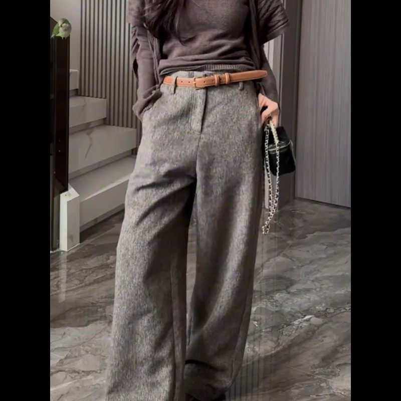 2024年秋冬新款灰色加厚毛呢休闲西装裤保暖直筒裤复古简约阔腿裤,淘宝优惠券,粉丝福利购,淘宝优惠卷