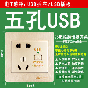 正品子弹头暗装拉丝金色墙壁电源开关插座面板86型二插三插孔五孔