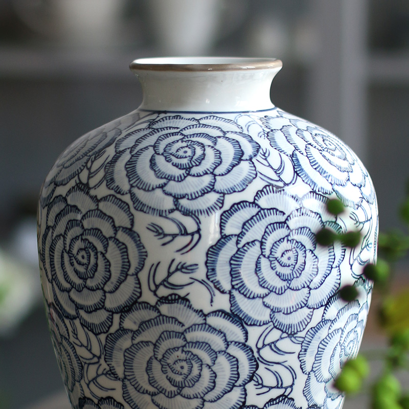 仿古手绘青花瓷花瓶摆件中式古香古色客厅水培插花花器