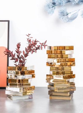 现代现代轻奢香槟水晶方块水晶花瓶售楼部样板间酒店会所水晶摆件