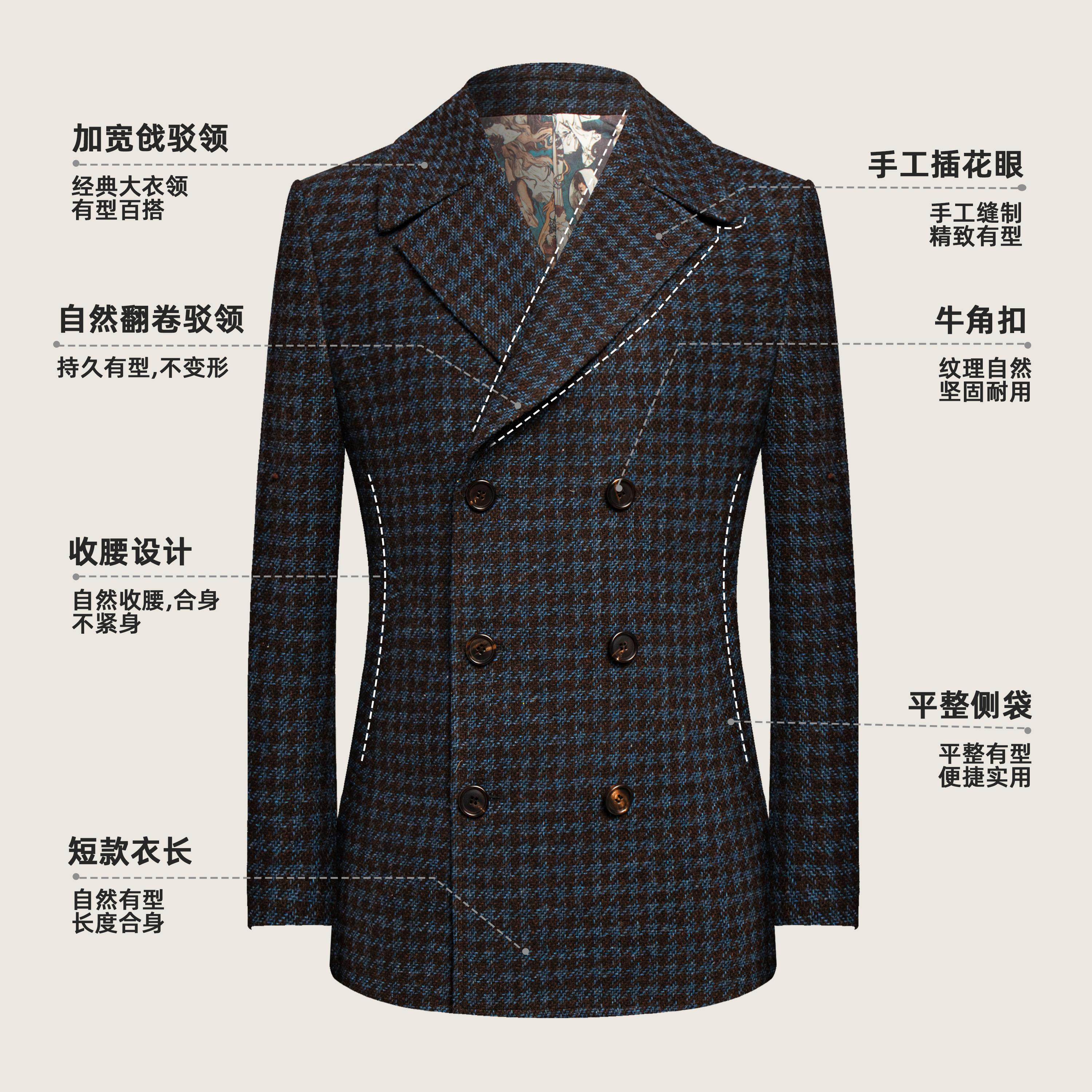 本派羊毛大衣男高档英伦双排扣海军大衣短款男士毛呢外套PeaCoat,淘宝优惠券,粉丝福利购,淘宝优惠卷