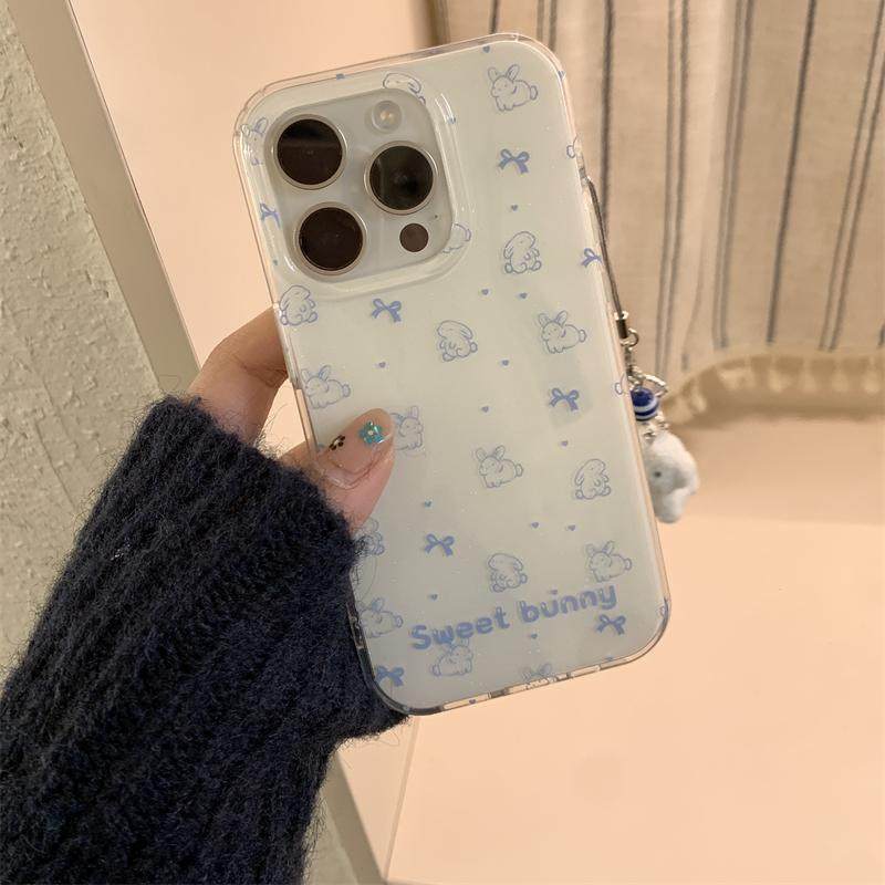 日韩ins可爱少女心奶呼呼蓝色线条兔子蝴蝶结手链16promax适用iphone15pro双层闪粉14手机壳苹果13保护套硬壳,淘宝优惠券,粉丝福利购,淘宝优惠卷