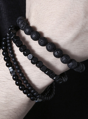 朋克风男士手链天然石木珠黑色套装叠戴式手串百搭流行手饰男