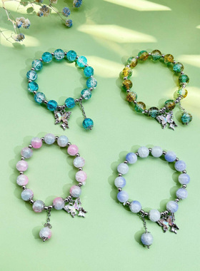 爆花冰裂珠蝴蝶手串甜美少女琉璃珠手串弹力绳直播摆摊热卖手