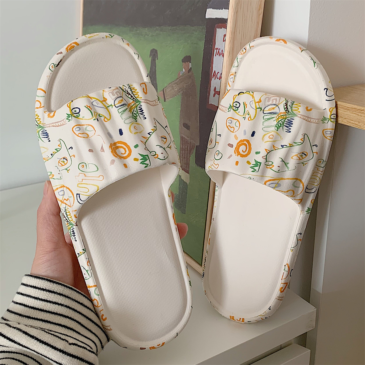 学生居家防滑防臭eva浴室拖鞋夏季新款韩版可爱童趣涂鸦凉拖鞋女 - 图3