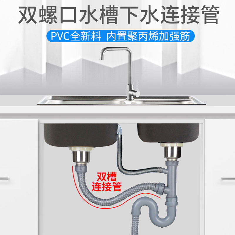 厨房双头水槽下水管菜盆洗碗池双螺口排水管连接软管加长延长配件 - 图3