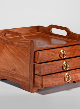 缅甸花梨双耳三抽分茶盒红木茶叶柜普洱茶饼收纳盒中式小型分茶盒