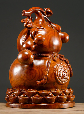 刺史花梨木雕刻福禄大葫芦摆件