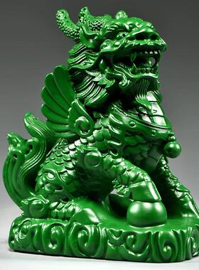 绿色木质麒麟摆件实木雕刻麒麟公母一对家居麒麟招财镇宅装饰礼品