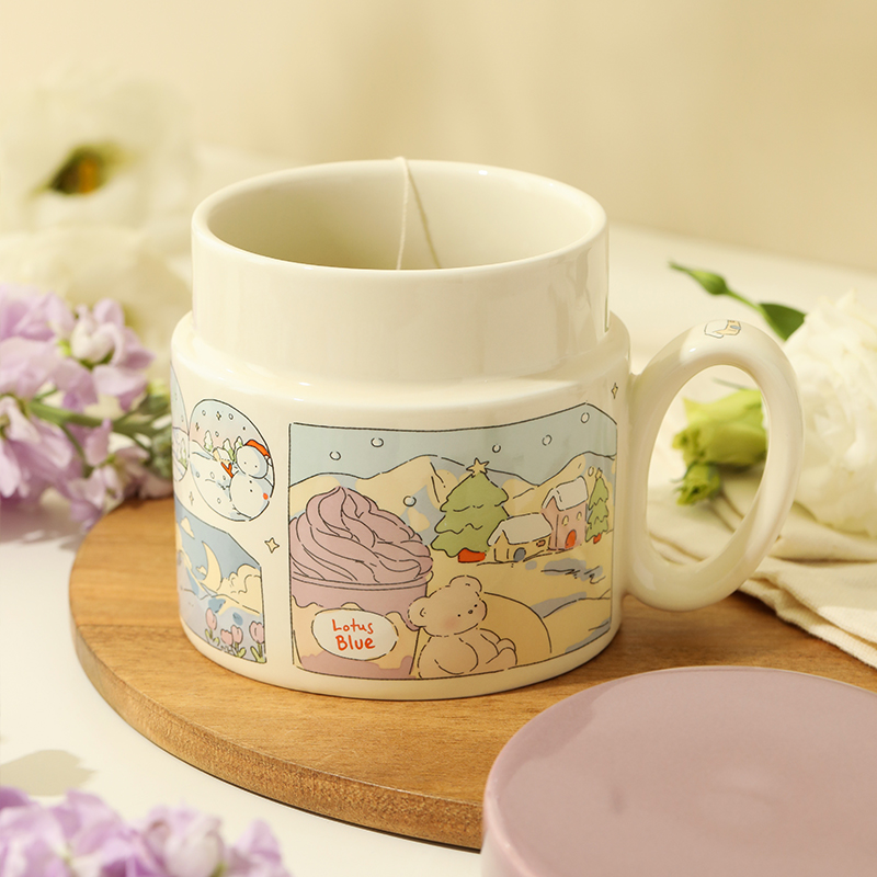 蓝莲花陶瓷杯子马克杯带盖食品级水杯泡茶女专用茶水分离茶杯瓷杯 - 图3