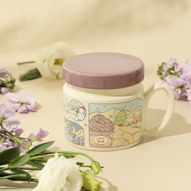 蓝莲花陶瓷杯子马克杯带盖食品级水杯泡茶女专用茶水分离茶杯瓷杯 - 图2