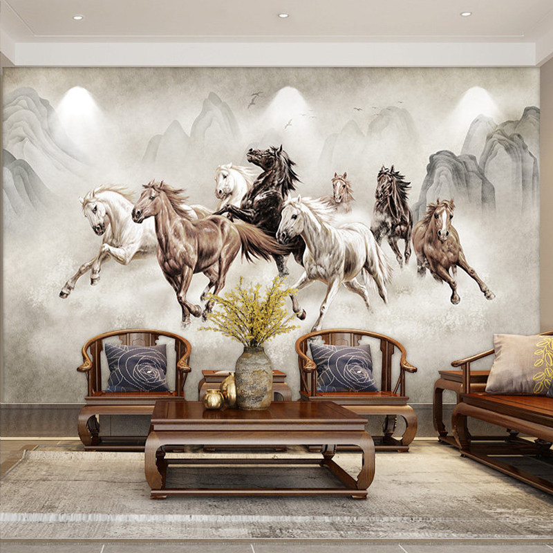 八骏图3D立体新中式墙布客厅沙发电视背景墙壁纸马到成功定制壁画,淘宝优惠券,粉丝福利购,淘宝优惠卷