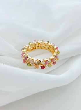 复古碧玺珠戒指女款天然石镀金彩虹宫廷油画感开口可调节设计指环