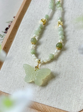 清新岫玉吊坠绿色短璎珞国风汉服新中式日常百搭配饰锁骨链项链女
