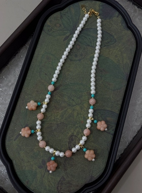 桃花环  春夏桃花珍珠百搭汉服璎珞项链唐风坦领甜美短款项链配饰