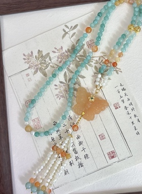 国风金丝玉蝴蝶长款璎珞背云流苏绝美百搭长款项链汉服古风配饰品