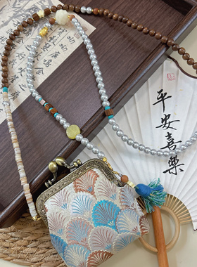 新中式檀木玛瑙禅意斜挎背链汉服中式马面裙项链配饰斜挎串珠链女
