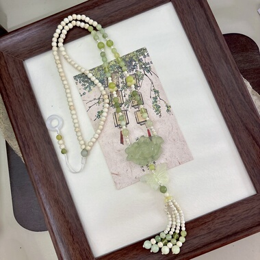 孤品岫玉花鸟牌长璎珞金丝玉吊坠多宝沙金葫芦项链岫玉小花配饰品