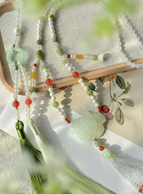 春季岫玉牡丹花长款璎珞流苏无金属项链汉服古风中式绿色百搭配饰