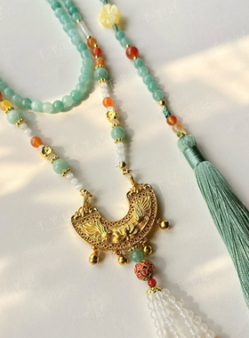 古风汉服沙金锁长款背云流苏绿色系璎珞项链唐风宋制马面裙配饰女