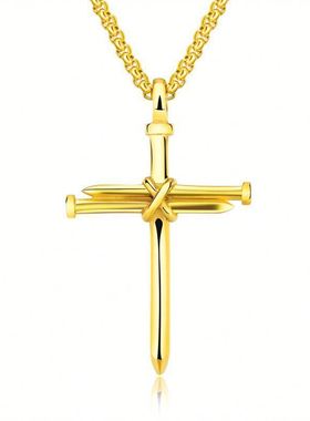 项链欧美钛钢十字架项链 经典简约百搭不锈钢钉子吊坠