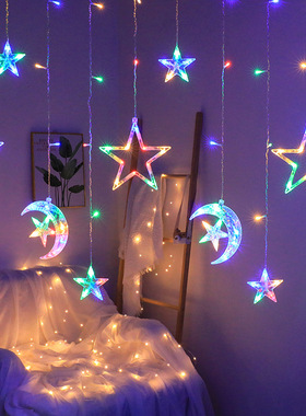 LED星伴月抱星彩灯窗帘灯少女心卧室装饰房间阳台飘窗布置