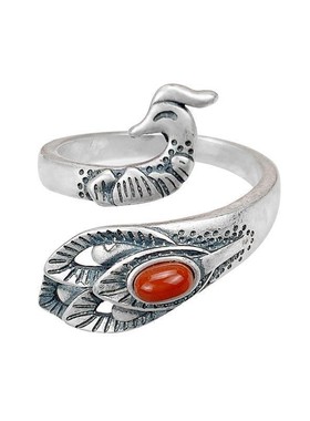 简约复古立体素银孔雀戒指女活口做旧饰品钩线带线戒指