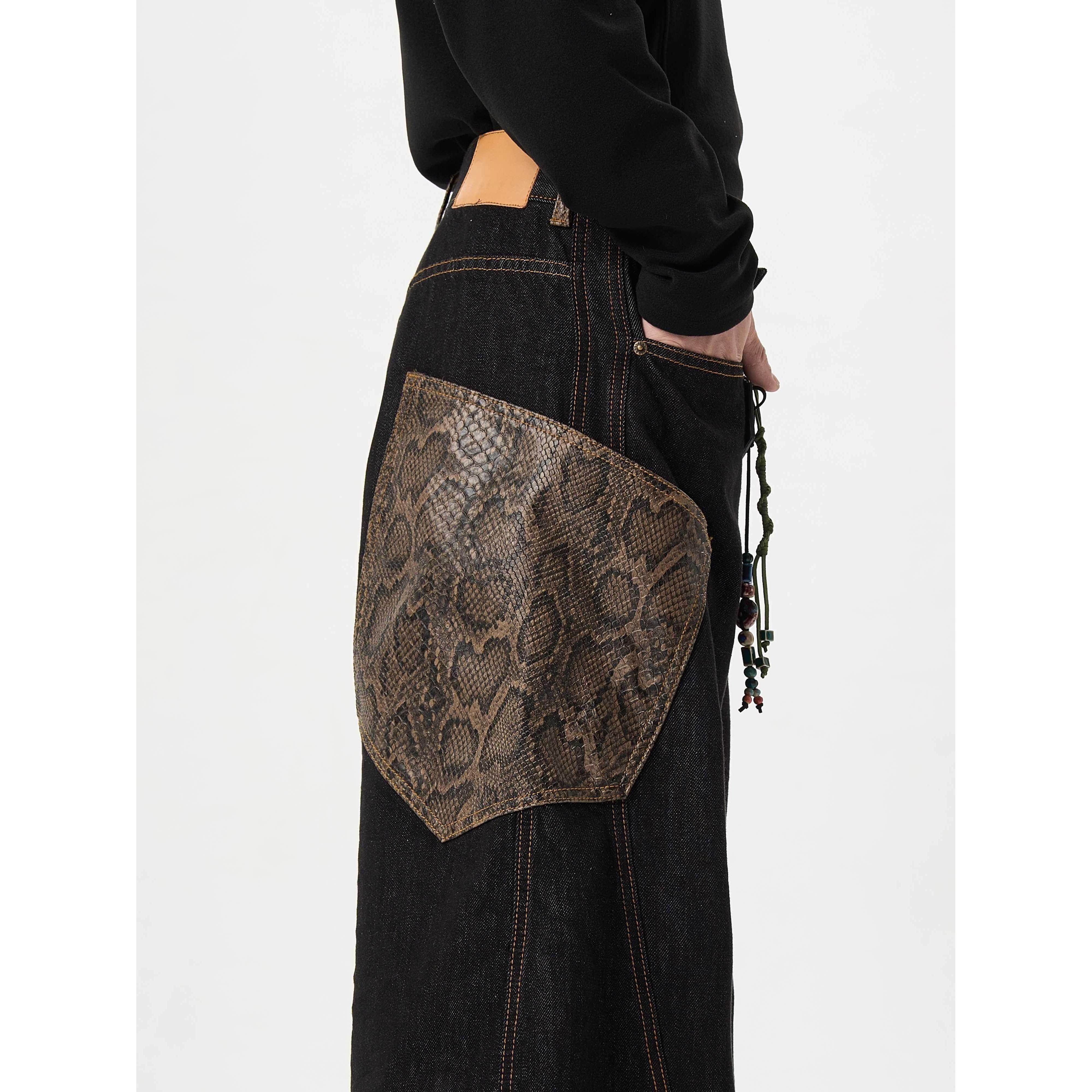 MAX ME蛇年限定【原牛 蛇皮裤 】弯刀蟒黑色牛仔裤阔腿男女裤子,淘宝优惠券,粉丝福利购,淘宝优惠卷