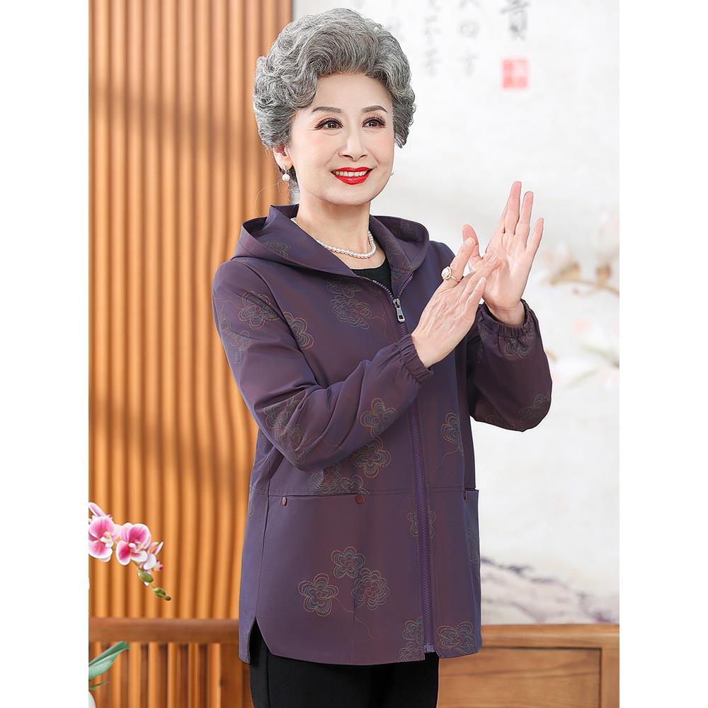 简溪中老年春装妈妈2023新款老年女士奶奶外套风衣夹克上衣服连帽