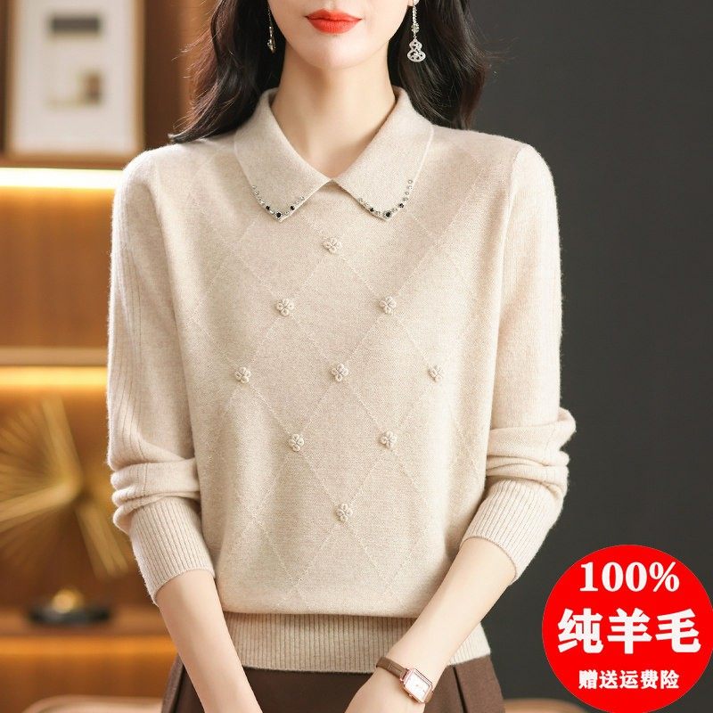 娃娃领勾花纯羊毛衫女2024年秋冬新款洋气妈妈针织衫翻领套头毛衣,淘宝优惠券,粉丝福利购,淘宝优惠卷