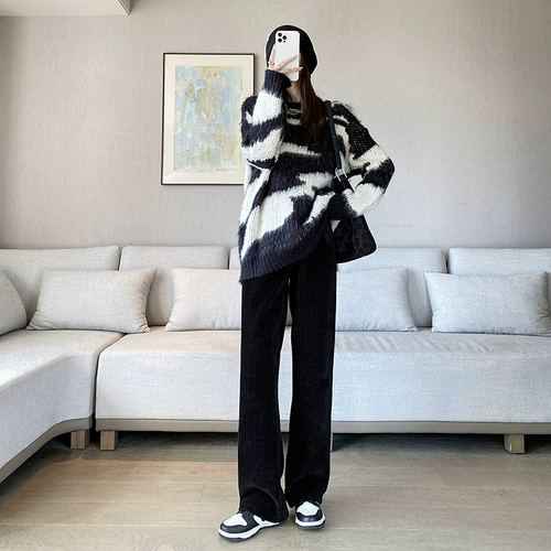 Вельветовые осенние утепленные штаны для отдыха, высокая талия, свободный прямой крой