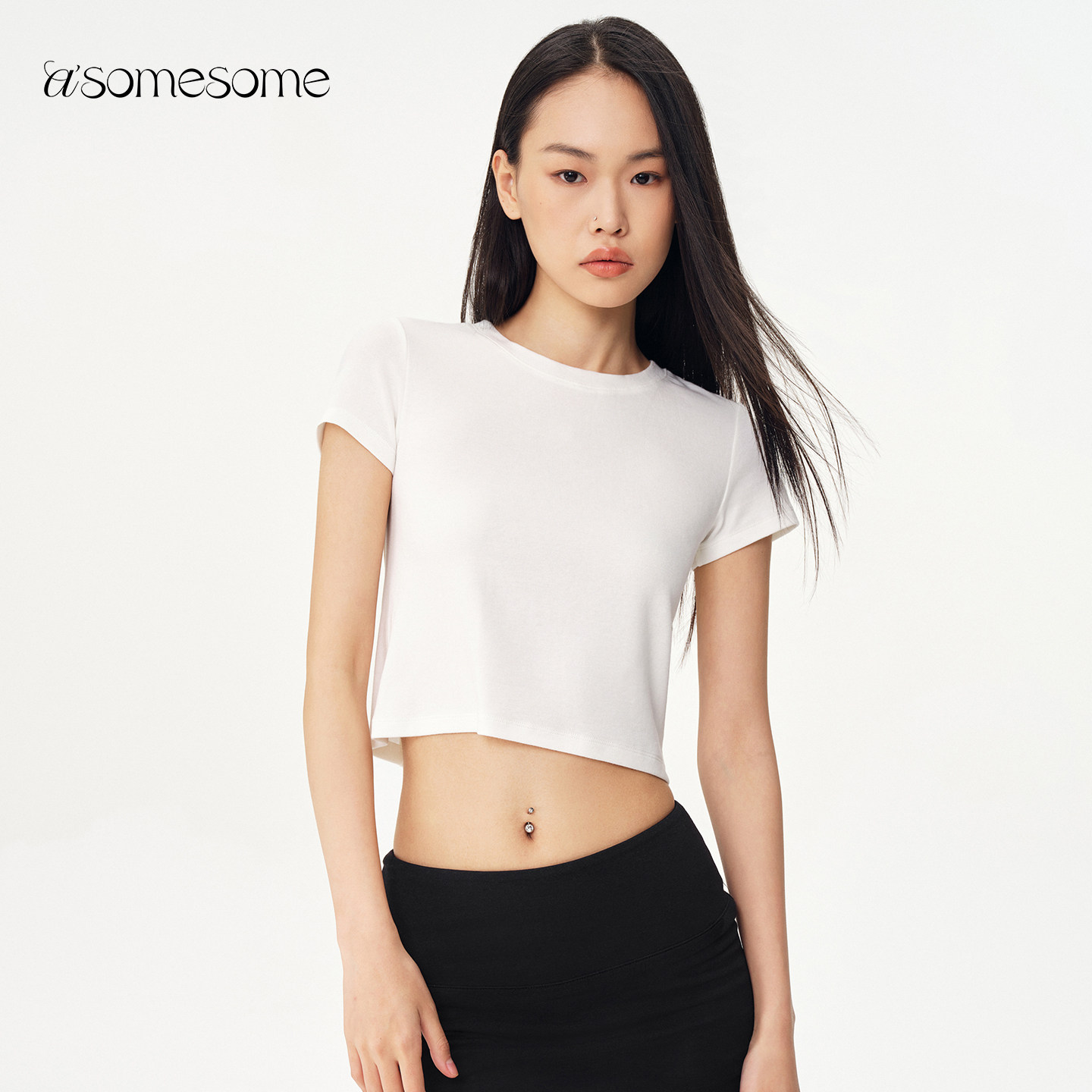 asomesome美式白色圆领正肩短袖T恤女夏短款弹力修身显瘦运动上衣