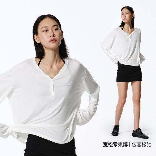 asomesome美式亨利领长袖t恤女夏微透针织罩衫白色慵懒宽松上衣 - 图0