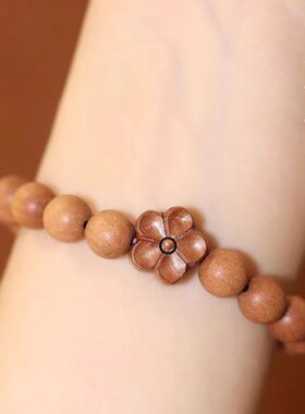 天然老桃木莲花手串朱砂