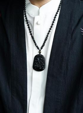 黑曜石三会猪鼠牛亥子丑水局吊坠木局虎兔龙十二生肖吉祥物项链男