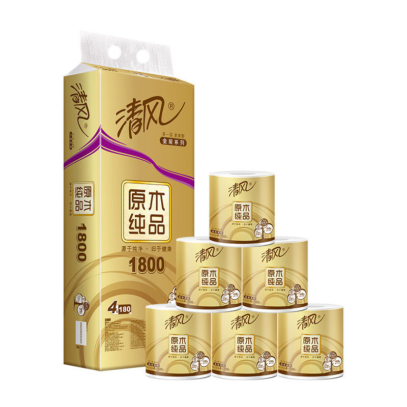 清风原木纯品金装卷纸有芯卷筒卫生纸4层180克卷筒纸1提10卷包邮_虎窝淘