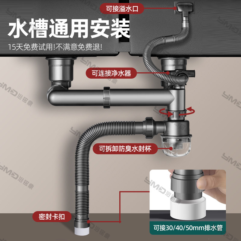 厨房洗菜盆下水管配件单双水槽防臭三通碗池下水器排水管通用套装,淘宝优惠券,粉丝福利购,淘宝优惠卷
