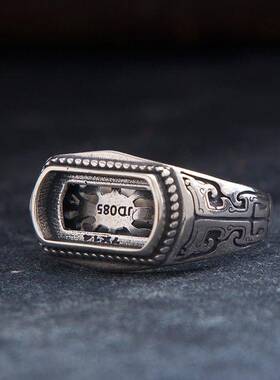 戒指空托个性新款马鞍银饰镶嵌松石情侣活口戒拖