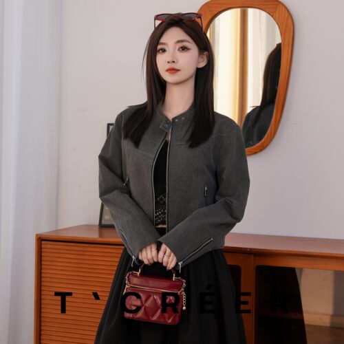 T`CREER｜【苍山赴雪】美式复古机车风修身气质百搭夹克上衣女 - 图1