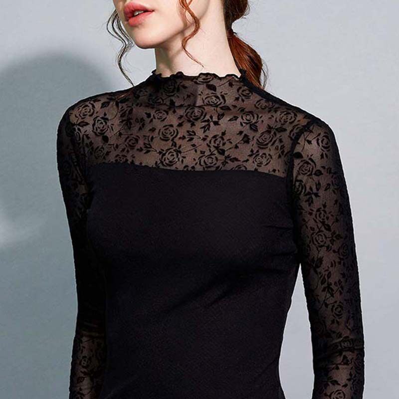 秋装新款修身黑色网纱女长袖t恤 靓妃娅蕾丝衫/雪纺衫